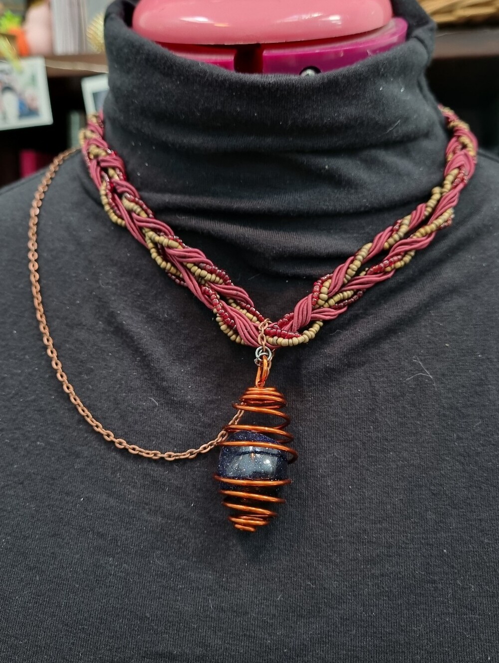 SLS Creation | Steampunk Copper Wrapped Blue Sunstone Pendant On Marroon Cord - Picture 1 of 2